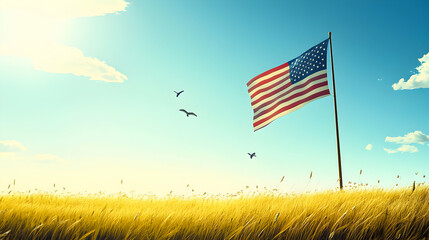 Waving flag against clear blue sky over golden wheat field during sunlight near a tranquil landscape