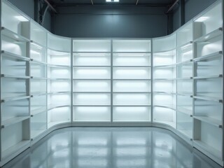 "Illuminated Vacant Pharmacy Shelves with Diffused Light for Product Placement"