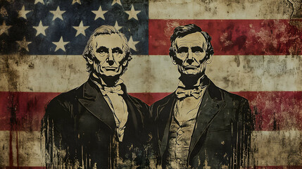 Historical depiction of two notable figures against a vintage American flag backdrop
