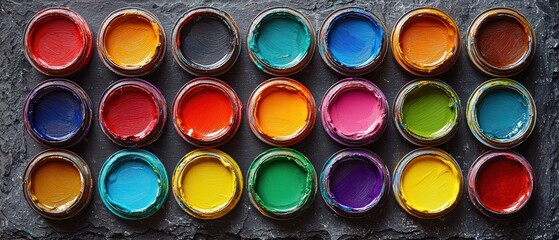 Vibrant paint jars showcase artistic expression on dark stone surface