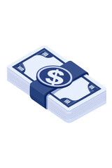 A visually appealing illustration of a neatly stacked cash bundle, featuring a blue band with a dollar sign. Perfect for financial themes and modern business graphics.