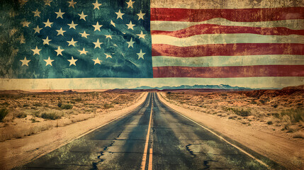 Desert road stretches towards horizon under an American flag backdrop with vintage texture and warm tones