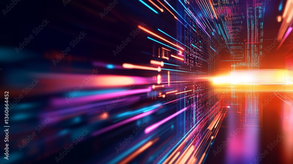 Poster abstract representation of digital speed and technology with vibrant light trails in a futuristic se