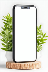 Smartphone mockup, blank screen, plant, wooden base