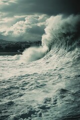 Giant tide wave ravaging coast town in a hurricane storm.
