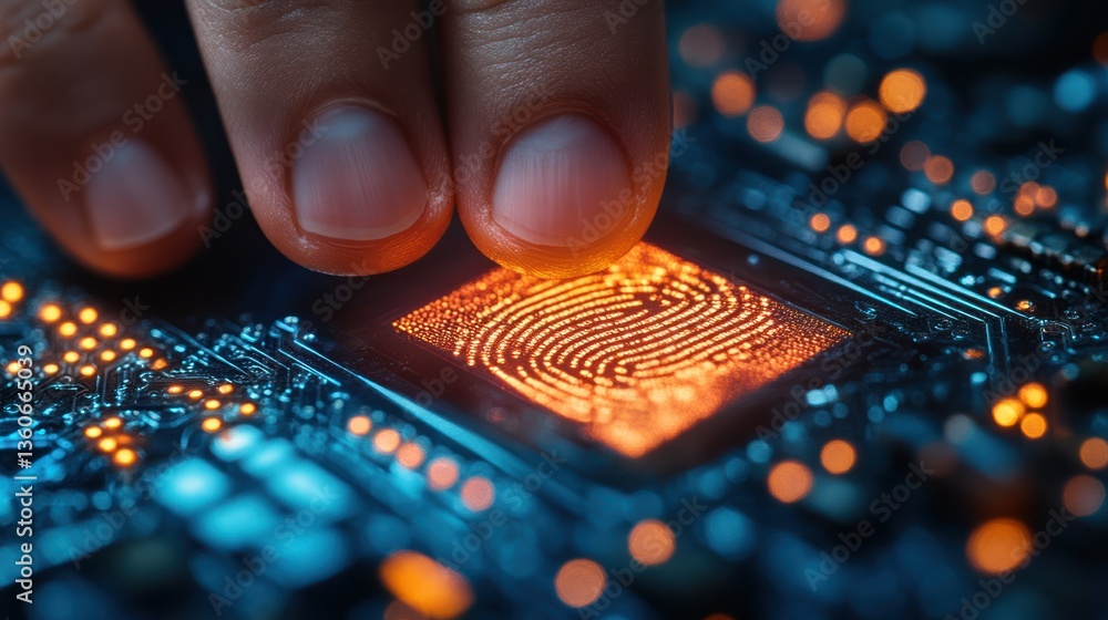 Poster fingerprints on circuit board, technological authentication, night, data processing
