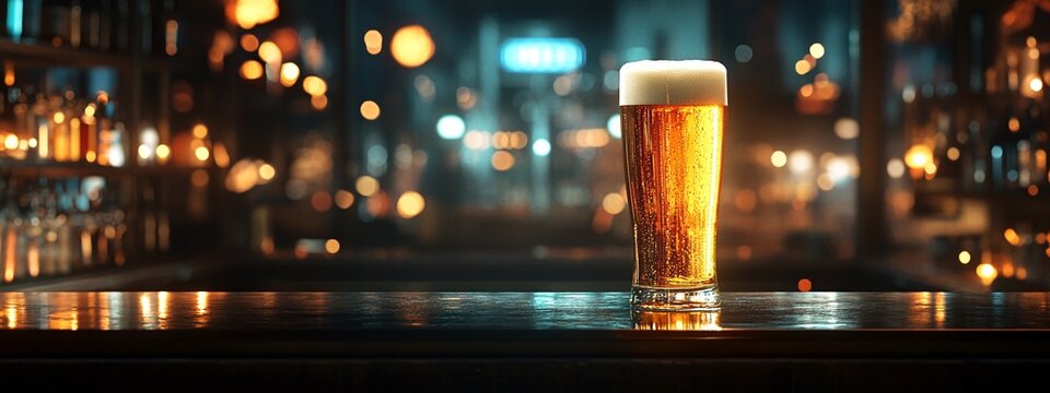 A pint of light beer sits on a bar top in a dimly lit pub. Warm lighting and bokeh create a cozy atmosphere.