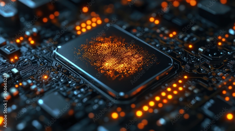 Poster glowing fingerprint data on circuit board