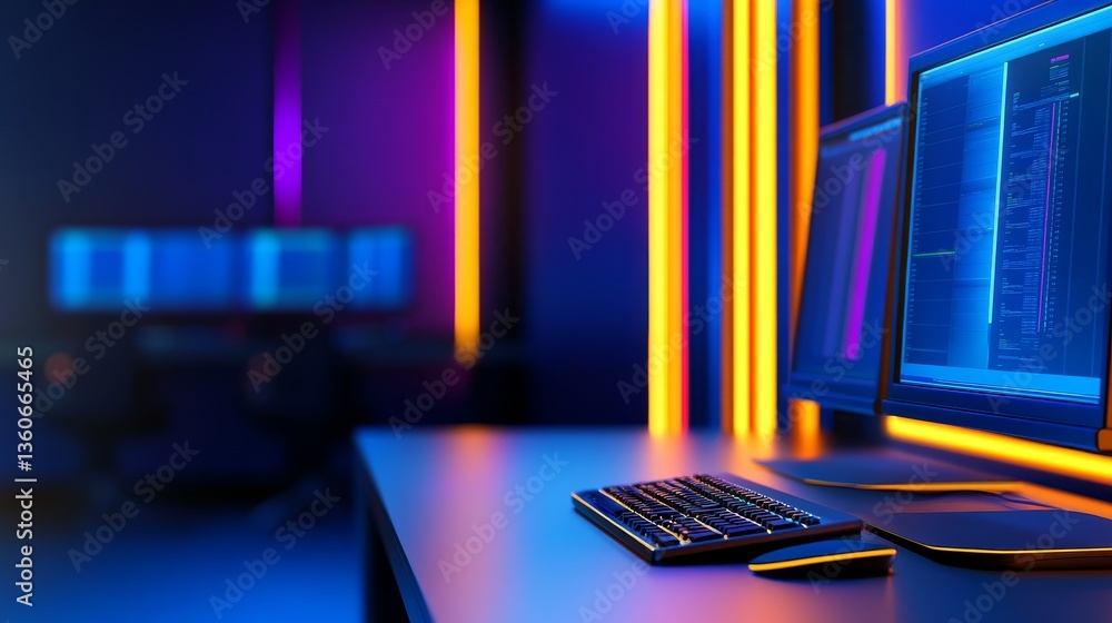 Poster futuristic workspace with glowing neon light and dual monitors displaying data analytics