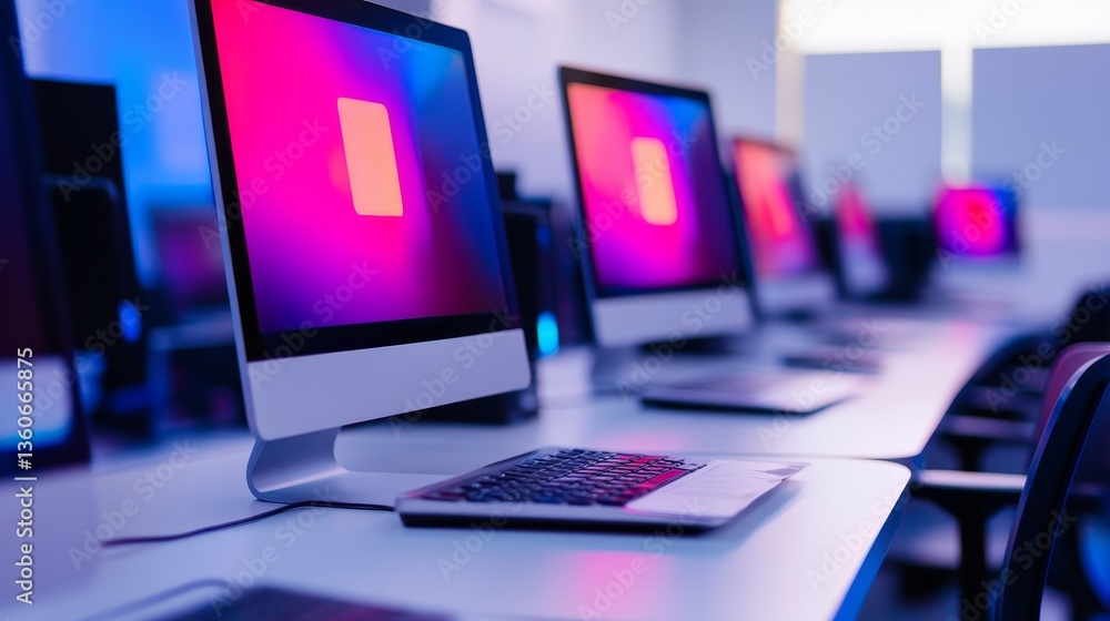 Poster modern workspace featuring sleek computers with vibrant screens in a tech-savvy environment