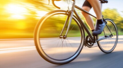 Fototapeta premium Cyclist riding swiftly on a road during sunset, surrounded by blurred greenery and soft light