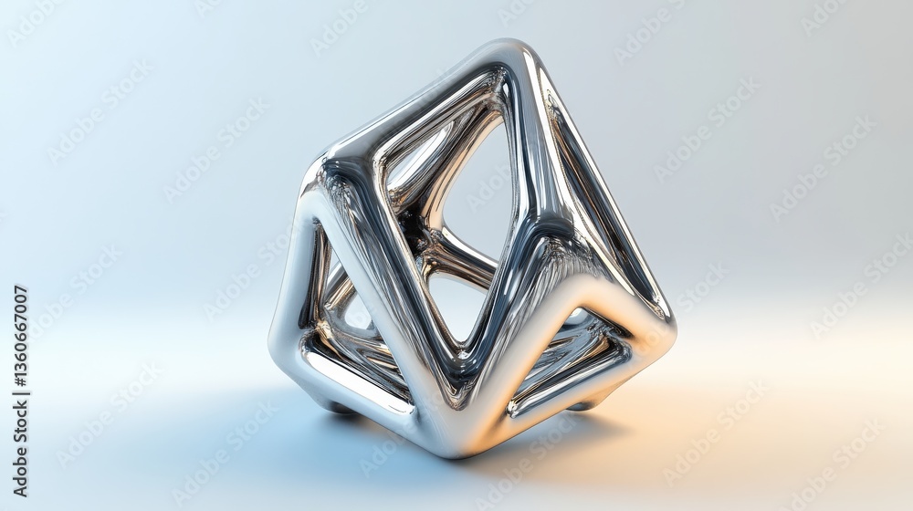 Poster a shiny metallic geometric object with smooth reflective surfaces displayed
