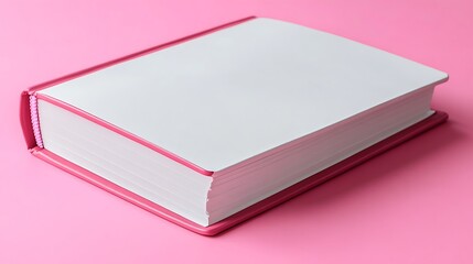 A closed hardcover book with white pages and pink cover