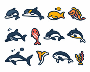 Obraz premium Set vector illustration on the theme of marine animals in a flat style