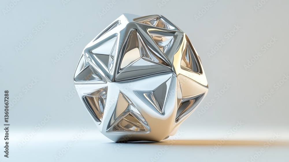 Poster a reflective geometric object resting on a plain surface