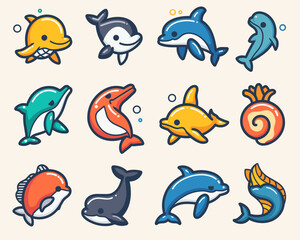 Fototapeta premium Set vector illustration on the theme of marine animals in a flat style