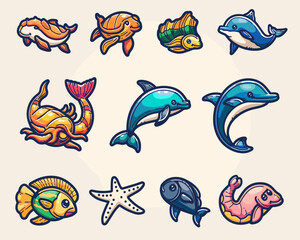 Set vector illustration on the theme of marine animals in a flat style