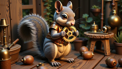 Steampunk squirrel holding gear in cozy forest workshop, creativity