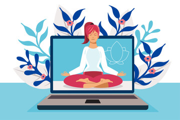 Woman meditating inside laptop screen for mindfulness and stress relief. Flat vector illustration
