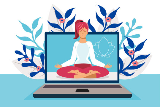 Woman meditating inside laptop screen for mindfulness and stress relief. Flat vector illustration
