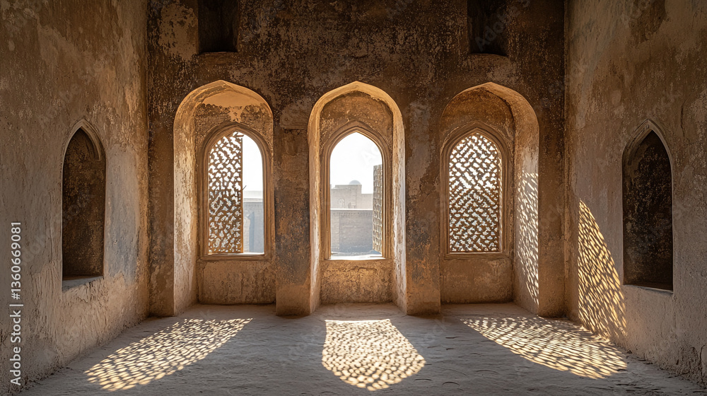 Poster interior view of a room with arched windows casting patterned shadows on the floor and weathered wal
