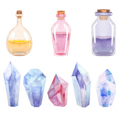 Herbology, bottle, jar, crystal, potion, witchcraft, alchemy, watercolor, illustration, set, purple, orange, green, decor, isolated background, scrapbook, decor