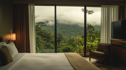 Bedroom view overlooking lush green forest with fog and a tv in a hotel room setting