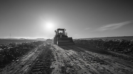 Fototapeta premium A bulldozer on a construction site under a bright sky in a black and white photography style image