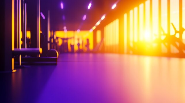 Modern gym interior at sunset, showcasing vibrant lighting and empty workout space