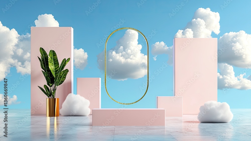 Poster 3d-rendered soft white clouds drifting in front of a sleek blue backdrop and abstract shapes.