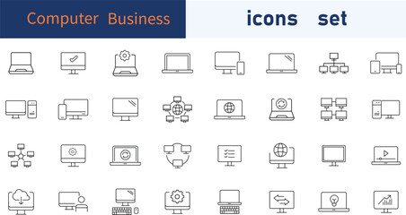 Set of Computer Business web icons in line style. Computer, phone, technology, monitor, network. Vector illustration
