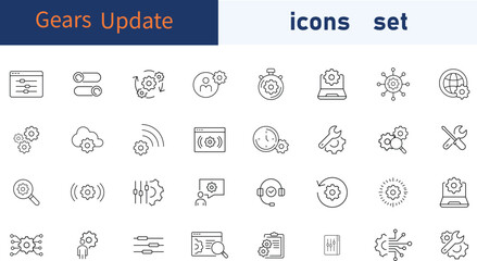 Gears icon set. Set of icons related to gears, control, tool, system. Linear icon collection. Gear update icons collection. Vector illustration.
