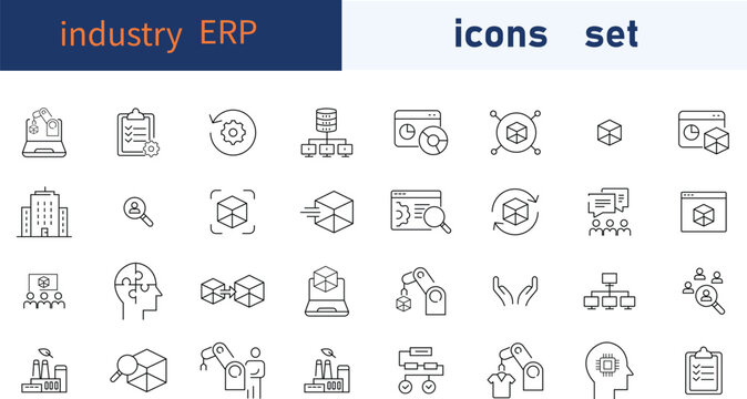 Industry ERP Icon Set – Comprehensive Vector Icons for Enterprise Resource Planning and Manufacturing