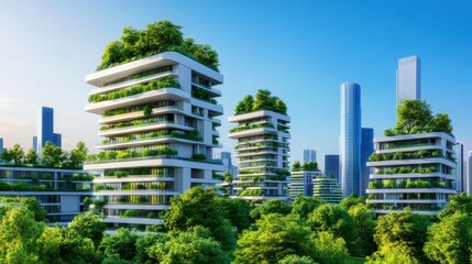 Obraz premium Futuristic eco-friendly skyscrapers surrounded by lush greenery in a vibrant urban landscape