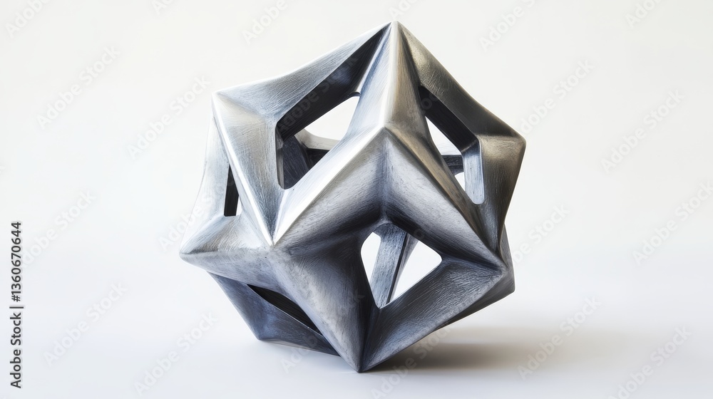Poster an abstract metallic geometric object displayed on a white surface