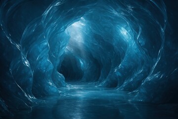 Ice cave interior with glowing tunnel and glacial textures under soft ambient light

