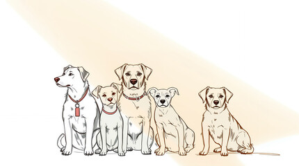 Perfect Pet Painting - Minimalist Line Drawing Of Five White Labrador Dogs Sitting Attentively Against Cream Background.