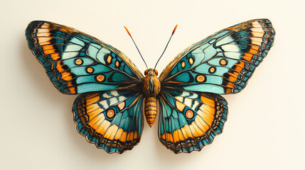 Fototapeta premium A vibrant turquoise and amber butterfly with intricate wing patterns, poised against a soft-hued background, symbolizing transformation and delicate beauty. Fragile Transformation. Illustration