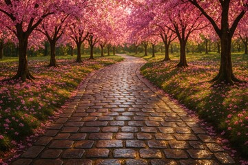 Naklejka premium Cherry blossom path with cobblestone walkway under blooming sakura trees in springtime light
