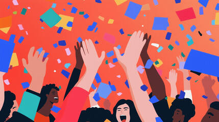 Illustration of Diverse People Celebrating with Confetti on Red Background
