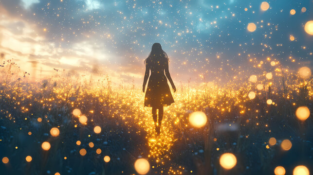 Woman in a dreamy landscape surrounded by golden light particles symbolizing transformation and self discovery. Fragile Transformation. Illustration