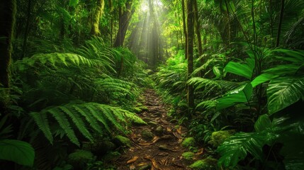 Sendero en bosque frondoso con vegetaci&oacute;n y luz