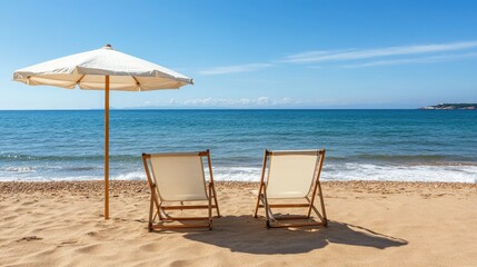 Serene Beach Relaxation: Two Deck Chairs Under a Parasol