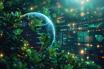 Fototapeta premium Futuristic climate dynamics model illustration featuring digital diagram elements eco icons and smooth gradient textures in a modern design Model modern precise