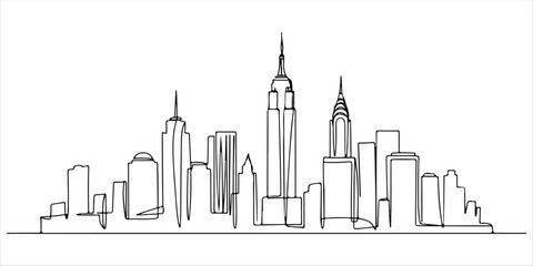 Fototapeta premium A single continuous line illustration of the New York City skyline, representing the iconic landmarks of the United States. A stunning urban landscape, perfect for world travelers and city lovers. 
