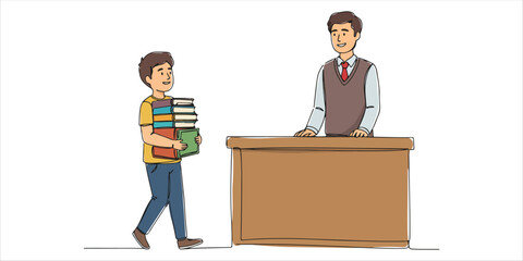 A single continuous line drawing of a boy carrying a stack of books to a male librarian. Representing the process of recording returned books, this illustration highlights dedication and commitment.