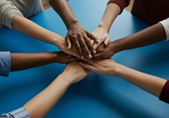 Diverse hands stacked together showing unity and solidarity in collaboration
