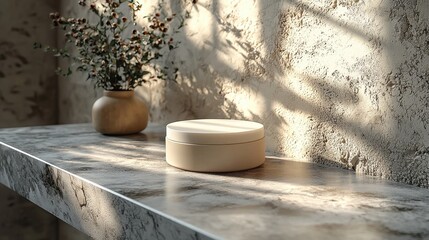 A serene still life featuring a round container and a vase with flowers on a textured surface, illuminated by soft natural light in a modern setting.
