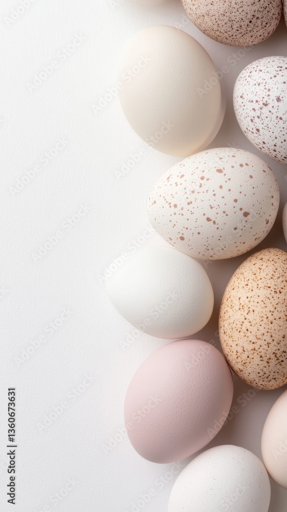 Poster various eggs arranged in an artistic layout on a light background showcasing natural colors and text