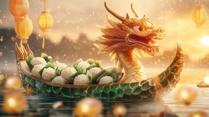 Fototapeta premium Dragon Boat Festival Zongzi in Golden Dragon Boat